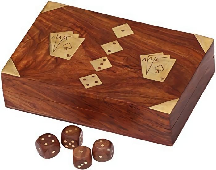 Accessories |   2 Deck Card Box And 5 Wooden Dice -Wood With Brass Inlay Card & Dice Games Accessories