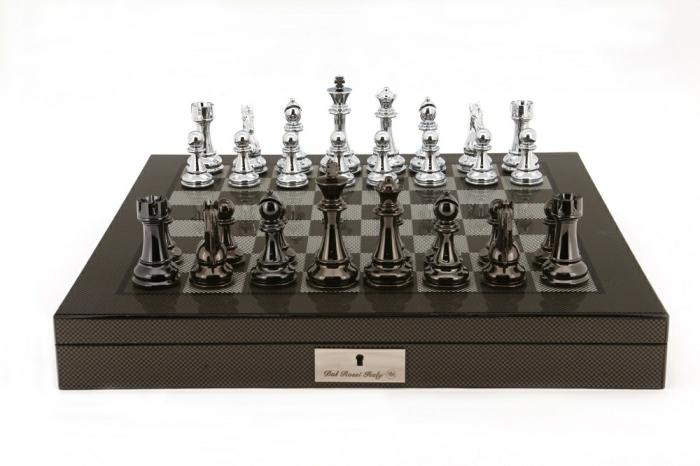 Chess Sets |   Chess Set Silver Titanium Finish Pieces On Carbon Fibre Shiny Board 20" Chess Chess Sets