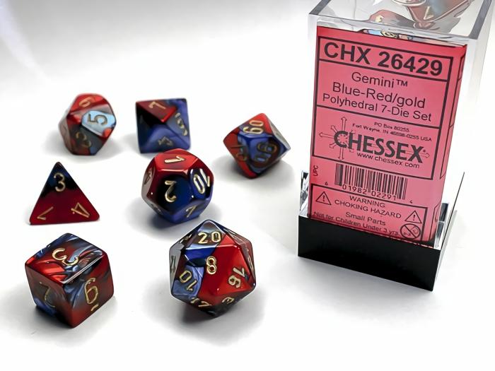 D&D |   Chessex Dice – Polyhedral Set (7) – Gemini Blue-Red Gold D&D D&D