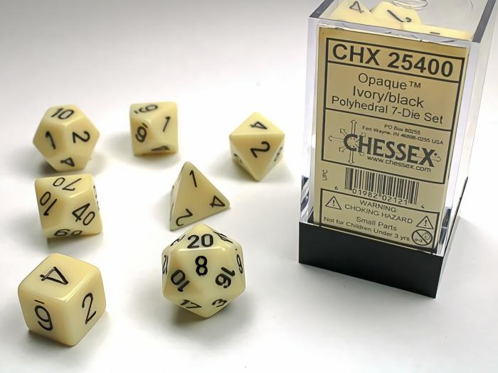 D&D |   Chessex Dice – Polyhedral Set (7) – Opaque Ivory / Black D&D D&D