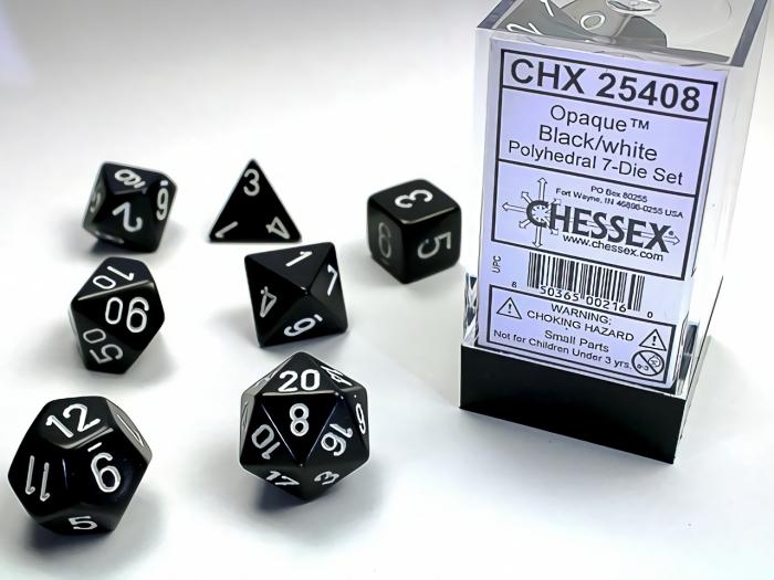 D&D |   Chessex Dice – Polyhedral Set (7) – Opaque Black / White D&D D&D